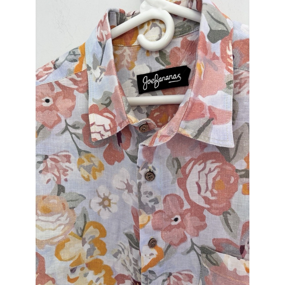 Joe Bananas Ivory Coral Gray Hawaiian Shirt 100% Linen Hand Wash 50x28 Resort